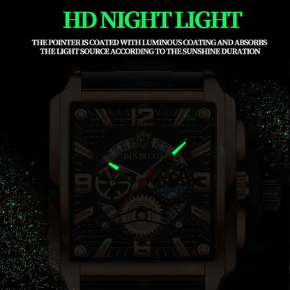 BINBOND B6575 Men Vintage Square Multifunctional Luminous Quartz Watch, Color: Black Leather-Black-Black - Metal Strap Watches by BINBOND | Online Shopping UK | buy2fix