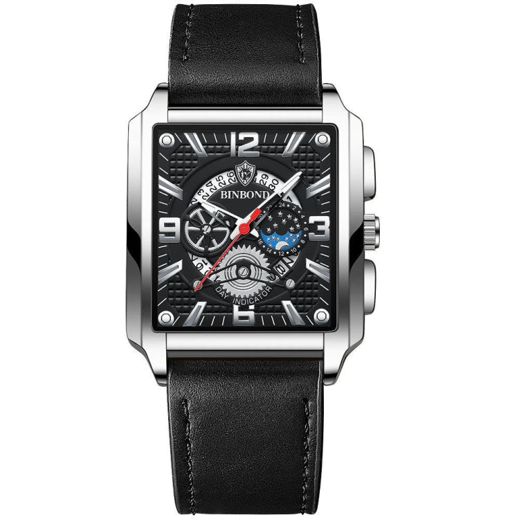 BINBOND B6575 Men Vintage Square Multifunctional Luminous Quartz Watch, Color: Black Leather-White-Black - Metal Strap Watches by BINBOND | Online Shopping UK | buy2fix