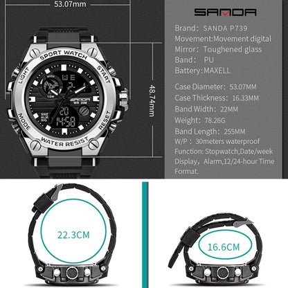 SANDA 739 Multifunctional Waterproof Sports Watch Chronograph Calendar Alarm Night Light Watch(Silver) - Sport Watches by buy2fix | Online Shopping UK | buy2fix