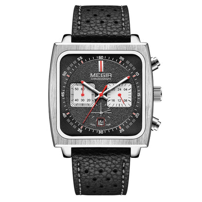 MEGIR 2182 Men Business Chronograph Calendar Waterproof Luminous Watch Square Quartz Watch(Black Face Black Belt) - Leather Strap Watches by MEGIR | Online Shopping UK | buy2fix