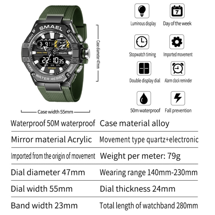 SMAEL 8066 Outdoor Electronic Sports Watch Alloy Colorful Multifunctional Men Watch(Army Green) - Sport Watches by SMAEL | Online Shopping UK | buy2fix