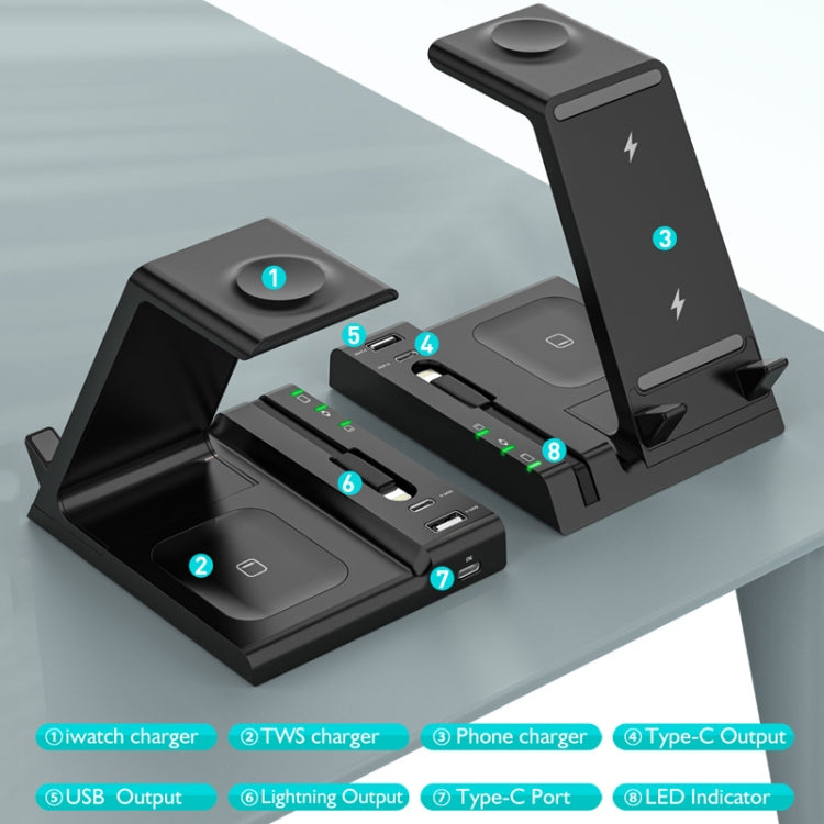 Z252 6-In-1 Wireless Charging Stand Dock With USB-C/Type-C Port & 8 Pin Charge Cable(White) - Wireless Charger by buy2fix | Online Shopping UK | buy2fix