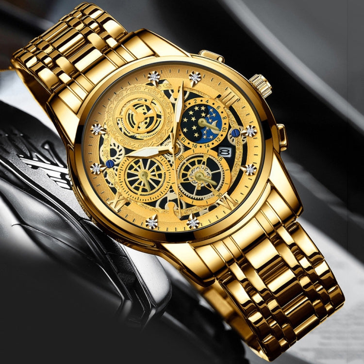 BINBOND 4010 Multifunctional Waterproof Hollowed Luminous Quartz Watch(Inter-gold White Surface) - Metal Strap Watches by BINBOND | Online Shopping UK | buy2fix