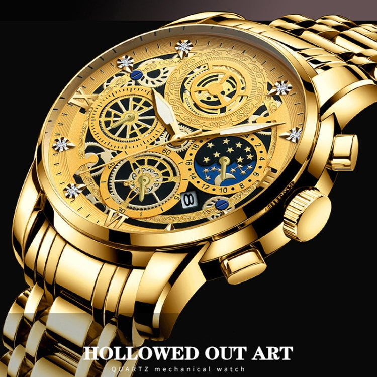 BINBOND 4010 Multifunctional Waterproof Hollowed Luminous Quartz Watch(Full Gold Gold Surface) - Metal Strap Watches by BINBOND | Online Shopping UK | buy2fix