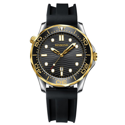 Black Silicon Black Inter-gold Black BINBOND B2820 Luminous 30m Waterproof Men Sports Quartz Watch - Silicone Strap Watches by BINBOND | Online Shopping UK | buy2fix