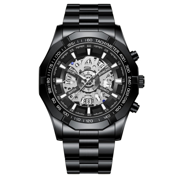 BINBOND S033 Hollowed Mechanical 30m Waterproof Luminous Quartz Watch, Color: Black Steel-Black-White - Metal Strap Watches by BINBOND | Online Shopping UK | buy2fix