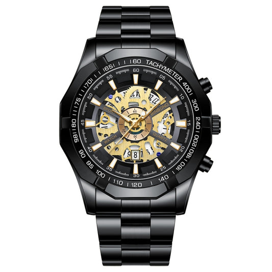 BINBOND S033 Hollowed Mechanical 30m Waterproof Luminous Quartz Watch, Color: Black Steel-Black-Gold - Metal Strap Watches by BINBOND | Online Shopping UK | buy2fix