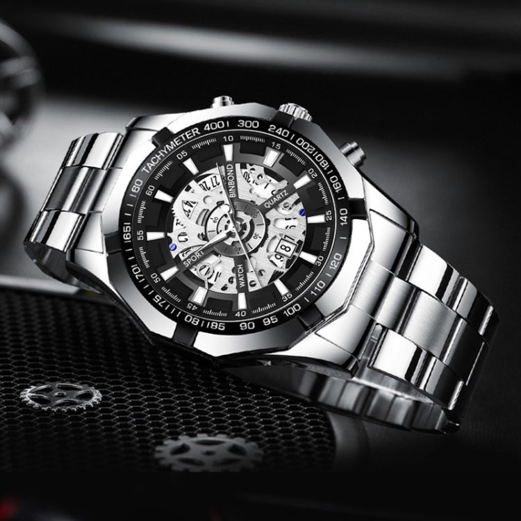 BINBOND S033 Hollowed Mechanical 30m Waterproof Luminous Quartz Watch, Color: Black Steel-Black-Gold - Metal Strap Watches by BINBOND | Online Shopping UK | buy2fix