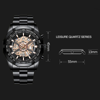 BINBOND S033 Hollowed Mechanical 30m Waterproof Luminous Quartz Watch, Color: Black Steel-Black-Rose Gold - Metal Strap Watches by BINBOND | Online Shopping UK | buy2fix