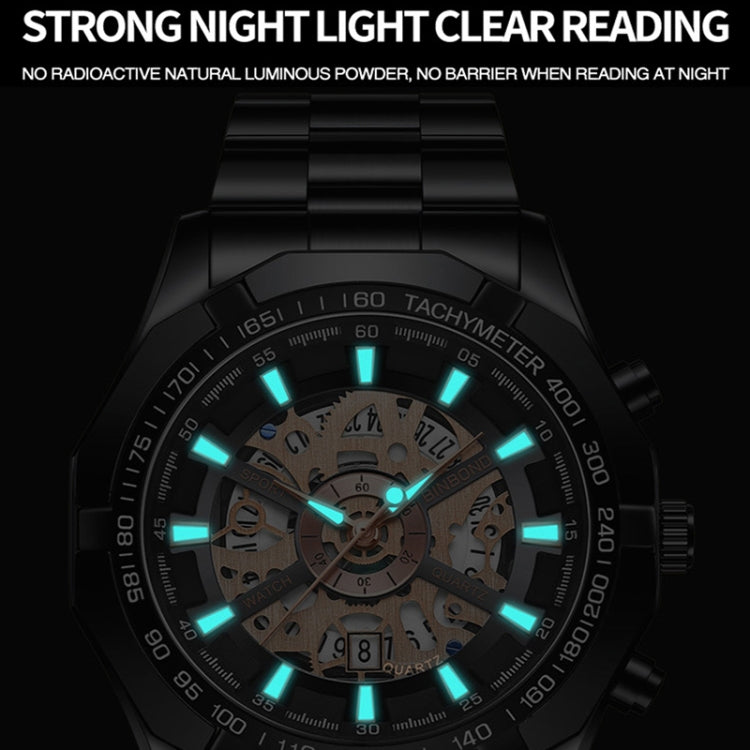 BINBOND S033 Hollowed Mechanical 30m Waterproof Luminous Quartz Watch, Color: Black Steel-Black-Rose Gold - Metal Strap Watches by BINBOND | Online Shopping UK | buy2fix