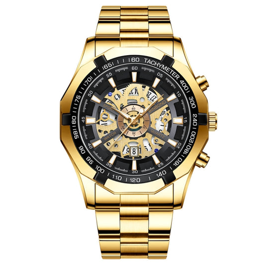 BINBOND S033 Hollowed Mechanical 30m Waterproof Luminous Quartz Watch, Color: Full Gold-Black-Gold - Metal Strap Watches by BINBOND | Online Shopping UK | buy2fix