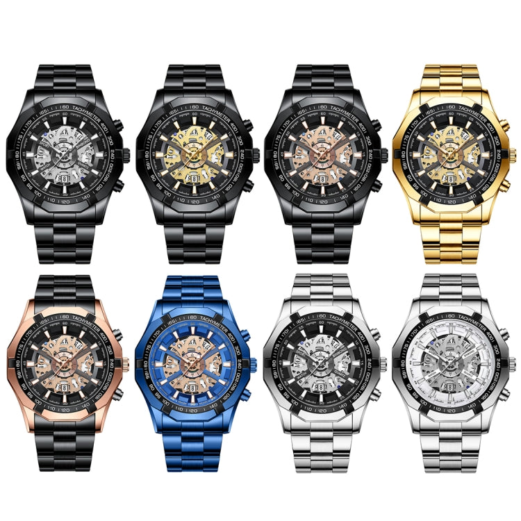 BINBOND S033 Hollowed Mechanical 30m Waterproof Luminous Quartz Watch, Color: Full Gold-Black-Gold - Metal Strap Watches by BINBOND | Online Shopping UK | buy2fix