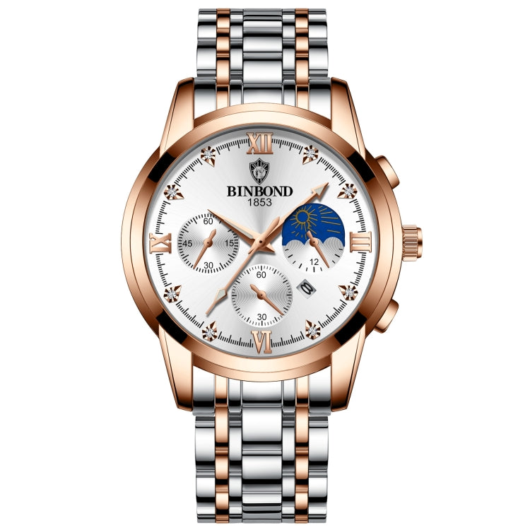 BINBOND B3591 30m Waterproof Luminous Calendar Men Watch, Color: Rose Gold-White - Metal Strap Watches by BINBOND | Online Shopping UK | buy2fix