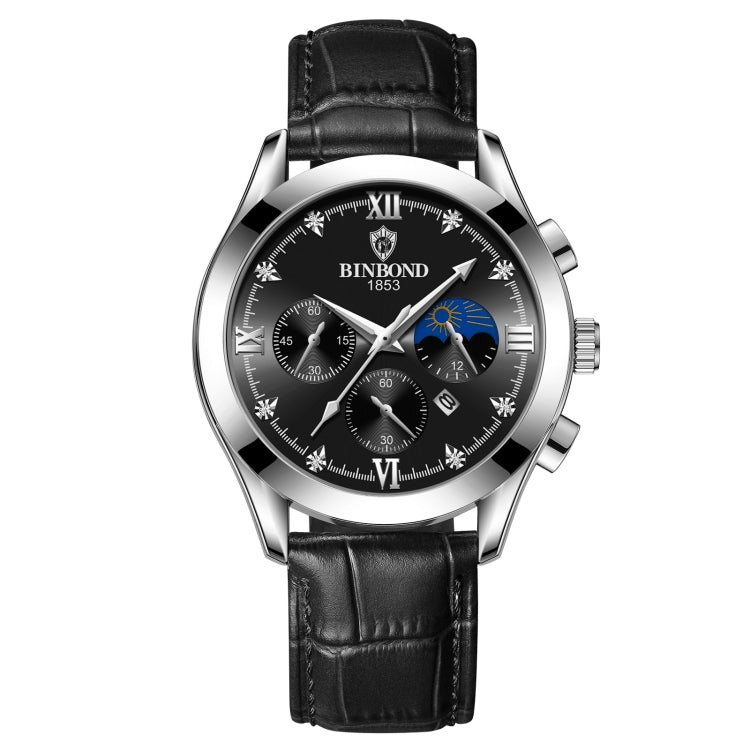 BINBOND B3591 30m Waterproof Luminous Calendar Men Watch, Color: Black Leather-White-Black - Leather Strap Watches by BINBOND | Online Shopping UK | buy2fix