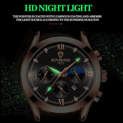 BINBOND B3591 30m Waterproof Luminous Calendar Men Watch, Color: Black Leather-Black-Black - Leather Strap Watches by BINBOND | Online Shopping UK | buy2fix