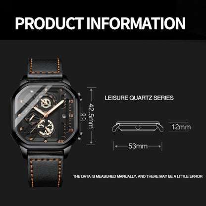 BINBOND B6577 30M Waterproof Luminous Square Quartz Watch, Color: Black Leather-Rose Gold - Leather Strap Watches by BINBOND | Online Shopping UK | buy2fix