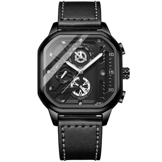 BINBOND B6577 30M Waterproof Luminous Square Quartz Watch, Color: Black Leather-Black-Black - Leather Strap Watches by BINBOND | Online Shopping UK | buy2fix