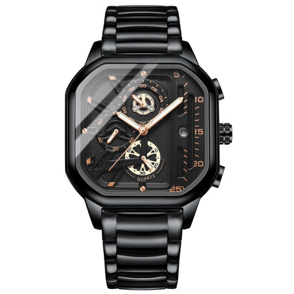 BINBOND B6577 30M Waterproof Luminous Square Quartz Watch, Color: Black Steel-Black-Rose Gold - Metal Strap Watches by BINBOND | Online Shopping UK | buy2fix