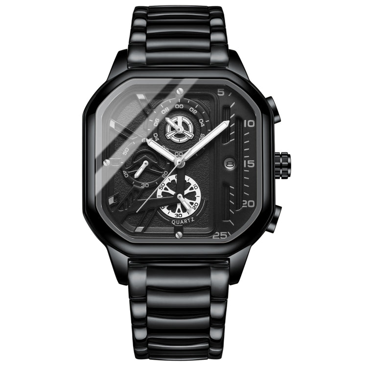 BINBOND B6577 30M Waterproof Luminous Square Quartz Watch, Color: Black Steel-Black-White - Metal Strap Watches by BINBOND | Online Shopping UK | buy2fix