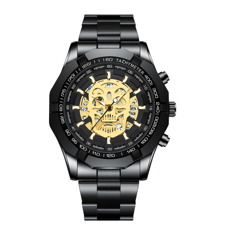 BINBOND S034 30M Waterproof Quartz Watch Skull Skeleton Luminous Watch(Black Steel Black Gold Nail) - Metal Strap Watches by BINBOND | Online Shopping UK | buy2fix