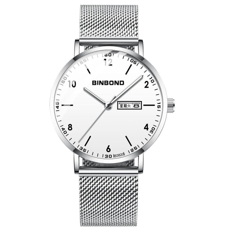 BINBOND B3820 30M Waterproof Ultra-thin Quartz Luminous Starry Watch, Color: White Net-White-White - Metal Strap Watches by BINBOND | Online Shopping UK | buy2fix