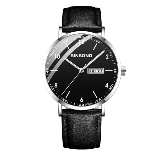 BINBOND B3820 30M Waterproof Ultra-thin Quartz Luminous Starry Watch, Color: Black Leather-White-Black - Metal Strap Watches by BINBOND | Online Shopping UK | buy2fix