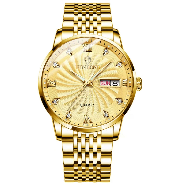 BINBOND B3034 Diamond 30m Waterproof Business Watch Men's Butterfly Buckle Luminous Quartz Watch(Full-gold-Gold) - Metal Strap Watches by BINBOND | Online Shopping UK | buy2fix