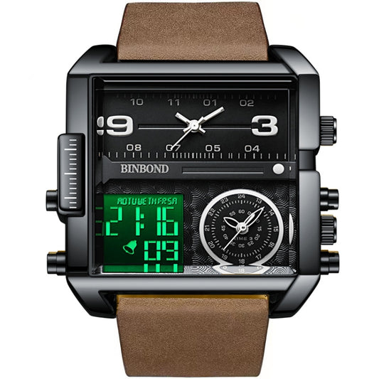 BINBOND B3332 Square Multifunctional Sports Quartz Waterproof Watch(Brown Leather-Black-Black) - Leather Strap Watches by BINBOND | Online Shopping UK | buy2fix