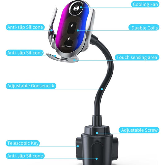 Double Coil Car Wireless Charger Water Cup Holder For Apple14 / 13 / Samsung ZFLIP4 Series by buy2fix