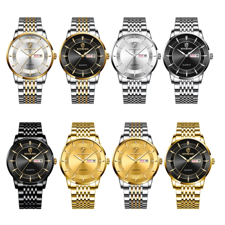 BINBOND B2077 30M Waterproof Quartz Luminous Watch Butterfly Buckle Men's Steel Belt Watch(Full-gold-Black) - Metal Strap Watches by BINBOND | Online Shopping UK | buy2fix