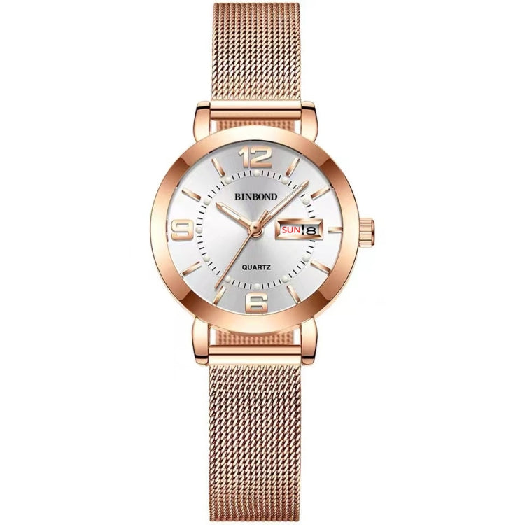 BINBOND B5907 Luminous Quartz Ladies Watch 30M Waterproof Calendar Steel Belt Watch(White) - Metal Strap Watches by BINBOND | Online Shopping UK | buy2fix