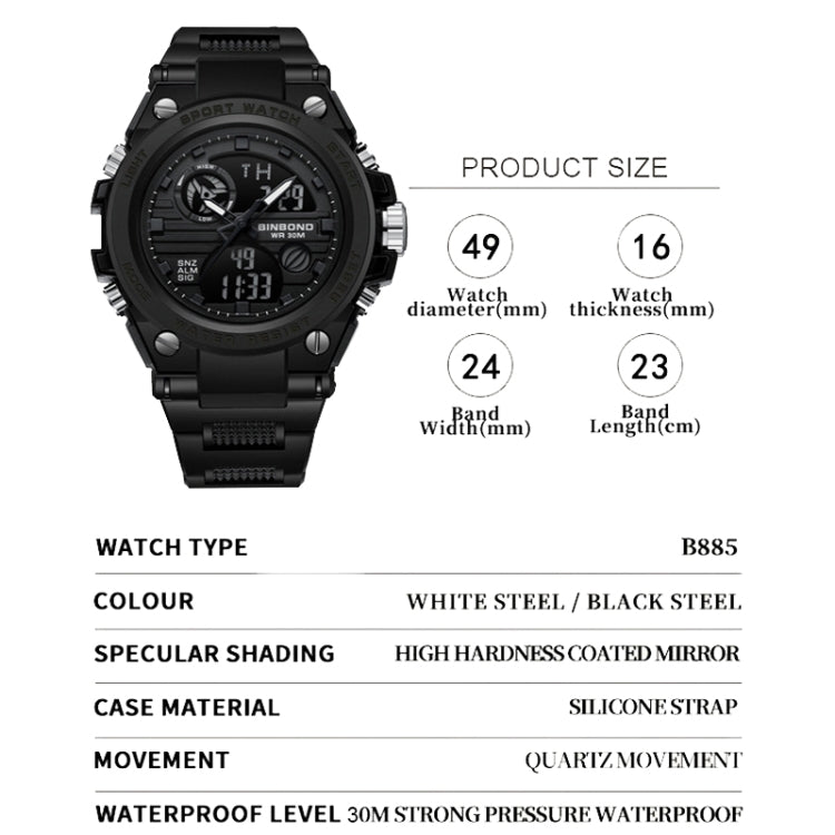 BINBOND B885 Outdoor Sports Timing Dual-Display Waterproof Electronic Watches(Black-Black-Black) - Sport Watches by BINBOND | Online Shopping UK | buy2fix