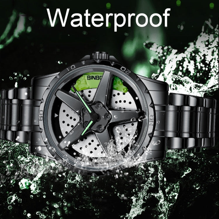 BINBOND D002 Car Hub Dial Multifunctional Waterproof and Wear-resistant Men's Watch(Black Net-Black-Green) - Metal Strap Watches by BINBOND | Online Shopping UK | buy2fix