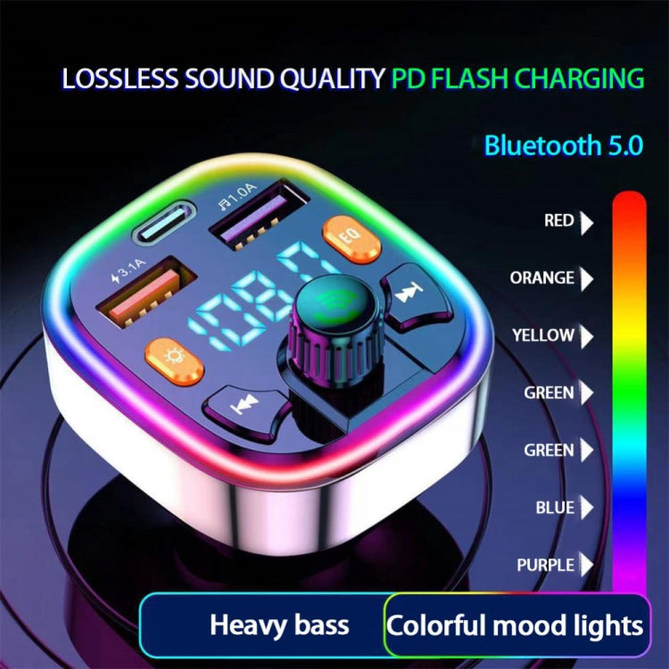 Q7 3.1A USB+PD Bluetooth Car Charger Car FM Transmitter Colorful Lighting by buy2fix