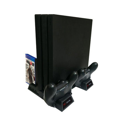 For PS4 / PS4 Slim / PS4 Pro Cooling Fan Stand Console Vertical Stand Cooler with Dual Controller Charger(Black) - Holder by buy2fix | Online Shopping UK | buy2fix