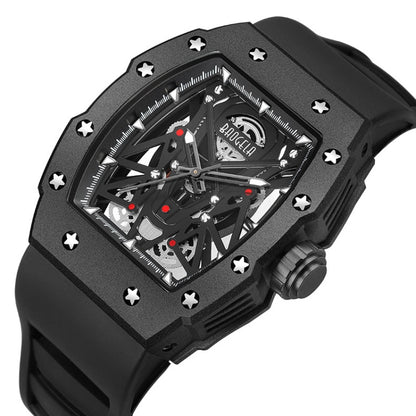 BAOGELA 224145 Barrel Skeleton Waterproof Sports Stainless Steel Silicone Men Watch(Steel Shell Black Belt) - Silicone Strap Watches by BAOGELA | Online Shopping UK | buy2fix