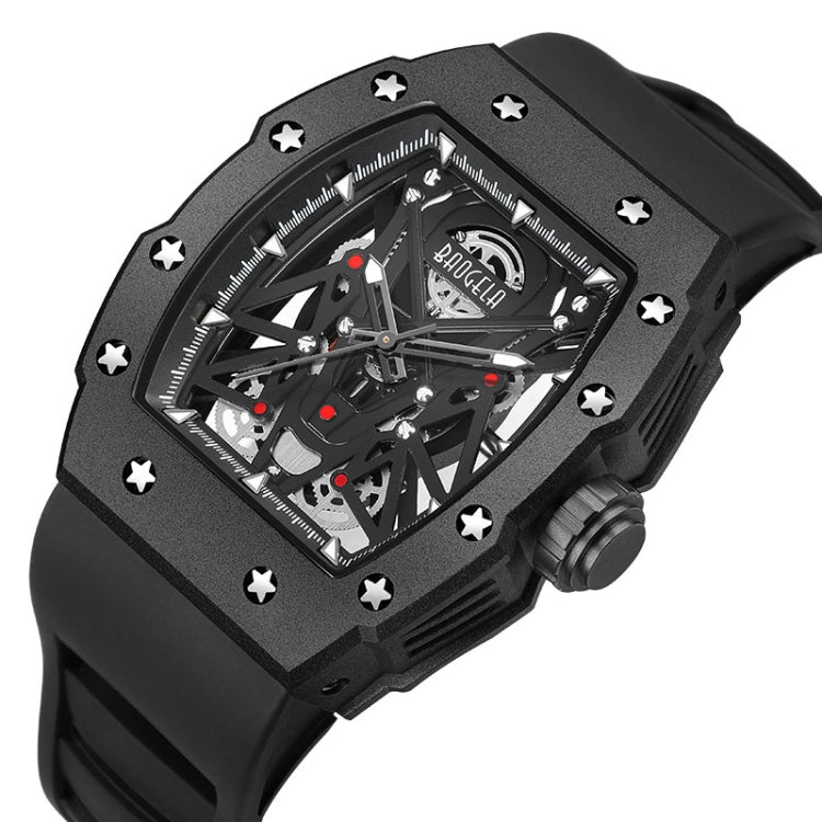 BAOGELA 224145 Barrel Skeleton Waterproof Sports Stainless Steel Silicone Men Watch(Black Shell Red Belt) - Silicone Strap Watches by BAOGELA | Online Shopping UK | buy2fix