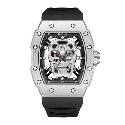 BAOGELA 224141 Hollow Skull Luminous Sports 304 Stainless Steel Silicone Men Watch(Steel Shell White Face Black Belt) - Silicone Strap Watches by BAOGELA | Online Shopping UK | buy2fix
