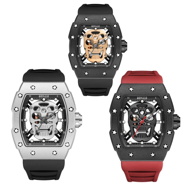 BAOGELA 224141 Hollow Skull Luminous Sports 304 Stainless Steel Silicone Men Watch(Black Shell Black Face Red Belt) - Silicone Strap Watches by BAOGELA | Online Shopping UK | buy2fix