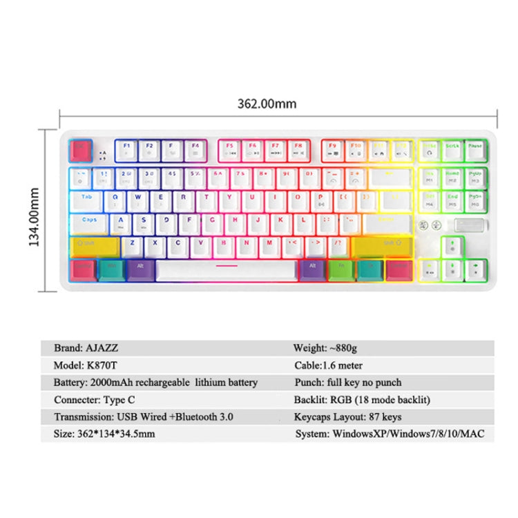 Ajazz K870T 87-Key RGB Office Game Phone Tablet Bluetooth/Wired Dual-Mode Mechanical Keyboard Green Shaft (White) - Wired Keyboard by Ajazz | Online Shopping UK | buy2fix