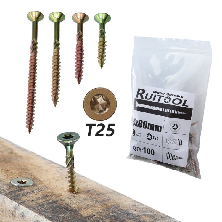 RUITOOL T25 100pcs Woodworking Screws Torx Self Tapping Screws 5 x 80mm - Screws by RUITOOL | Online Shopping UK | buy2fix