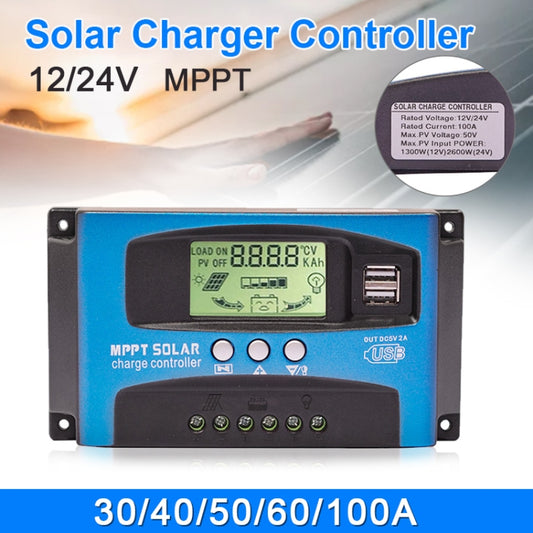YCX-003 30-100A Solar Charging Controller with LED Screen & Dual USB Port Smart MPPT Charger, Model: 12/24V 50A by buy2fix