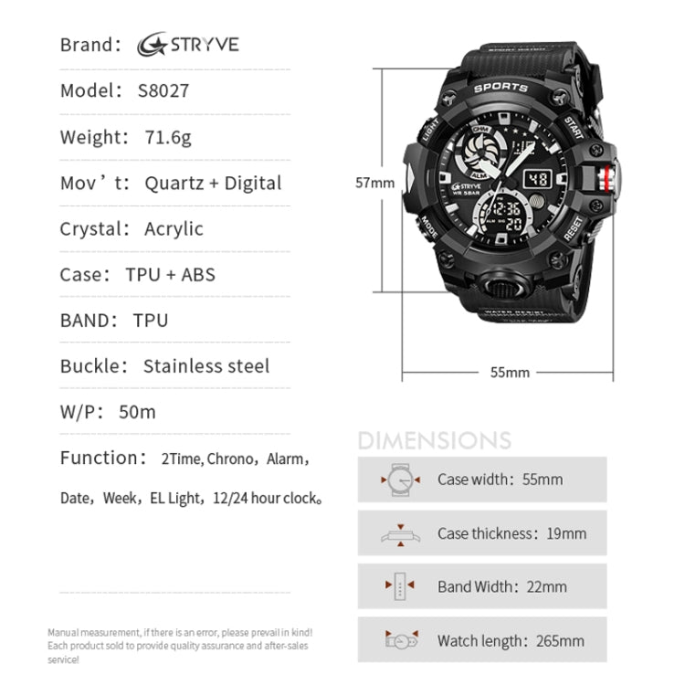 STRYVE S8027 Sports Multifunctional Luminous Dual Display Chronograph Student Watch(Light Green) - Leather Strap Watches by STRYVE | Online Shopping UK | buy2fix