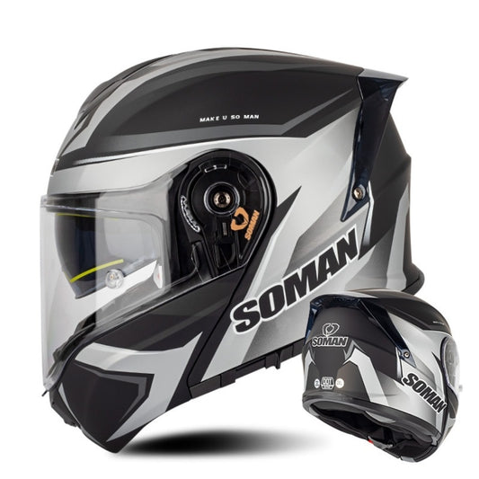 SOMAN Racing Motorcycle Double Lens Riding Safety Helmet, Size: M(Silver Gray Black Vision) - Helmets by SOMAN | Online Shopping UK | buy2fix