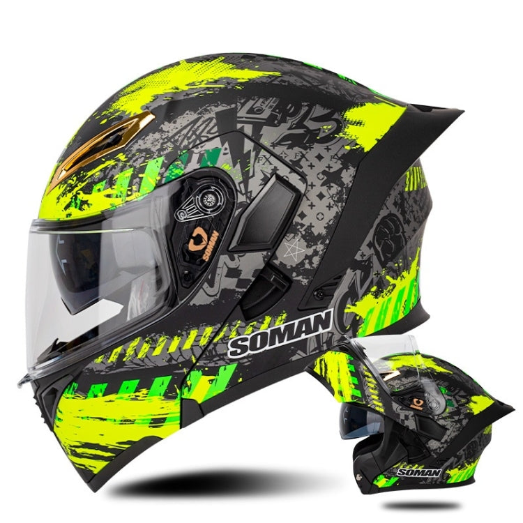 SOMAN Motorcycle Dual Lens Riding Peel-Off Full Coverage Helmet, Size: XL(Black Fluorescent Yellow Spark) - Helmets by SOMAN | Online Shopping UK | buy2fix