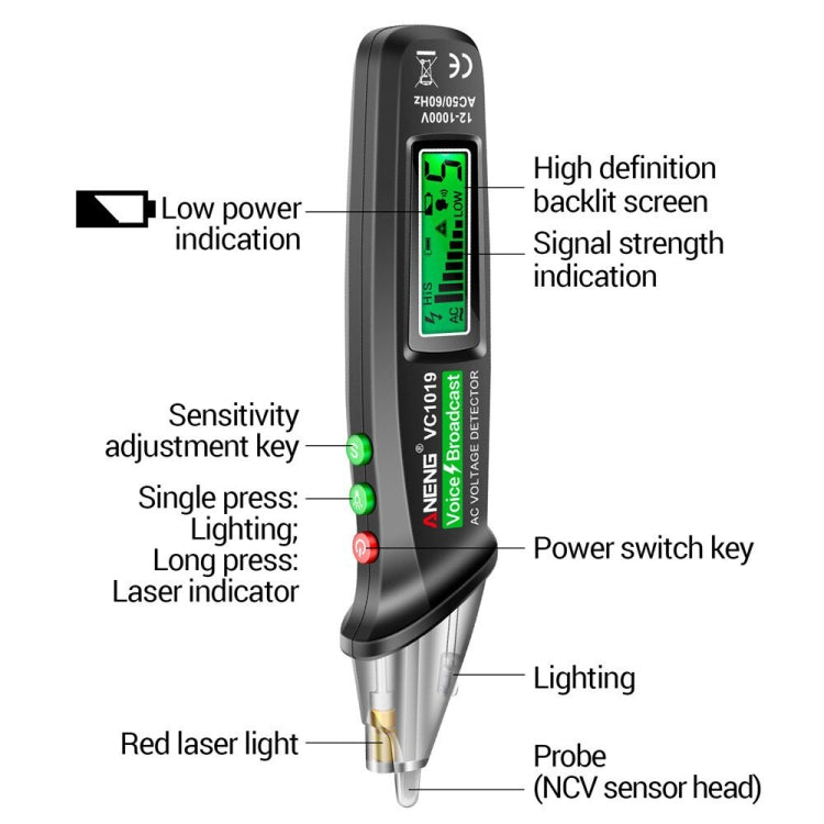 ANENG VC1019 Non-Contact Induction Electric Pen High-Precision Line Detection Breakpoint Voice Test Pen(Black) - Current & Voltage Tester by ANENG | Online Shopping UK | buy2fix