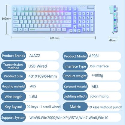 Ajazz AF981 96 Keys Office Gaming Illuminated Wired Keyboard, Cable Length: 1.6m(Blue) - Wired Keyboard by Ajazz | Online Shopping UK | buy2fix