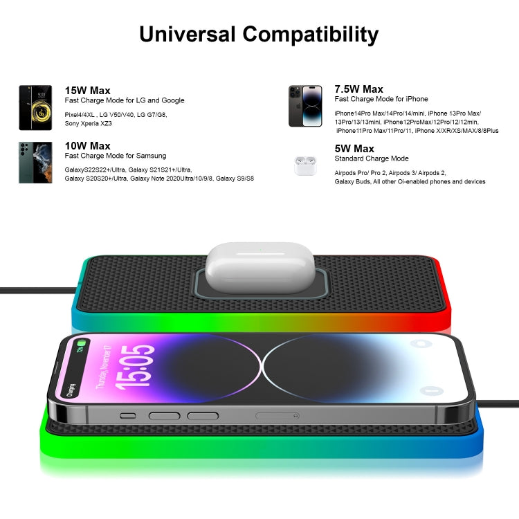 2 In 1 15W Car Mobile Phone Wireless Charger Non-slip Mat with Colorful Light USB-C/Type-C Cable 0.3m - Wireless Charging Pads by buy2fix | Online Shopping UK | buy2fix