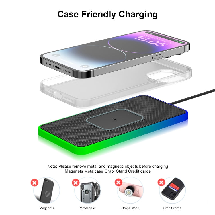 2 In 1 15W Car Mobile Phone Wireless Charger Non-slip Mat with Colorful Light USB-C/Type-C Cable 1m - Wireless Charging Pads by buy2fix | Online Shopping UK | buy2fix