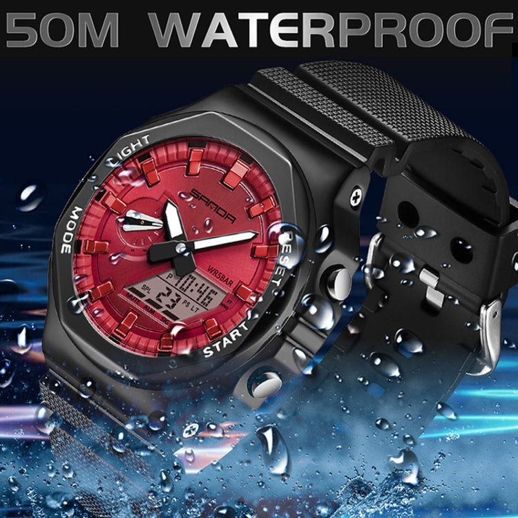 SANDA Octagonal Oak Hand Lamp Waterproof Sports Alarm Clock Men Watch(Black Red) - Silicone Strap Watches by SANDA | Online Shopping UK | buy2fix